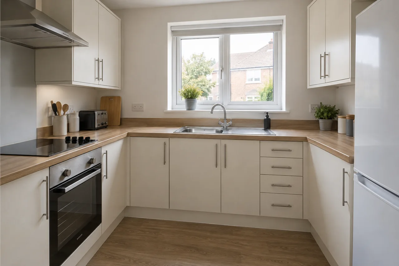 Illustrative rental kitchen with neatly fitted cabinets