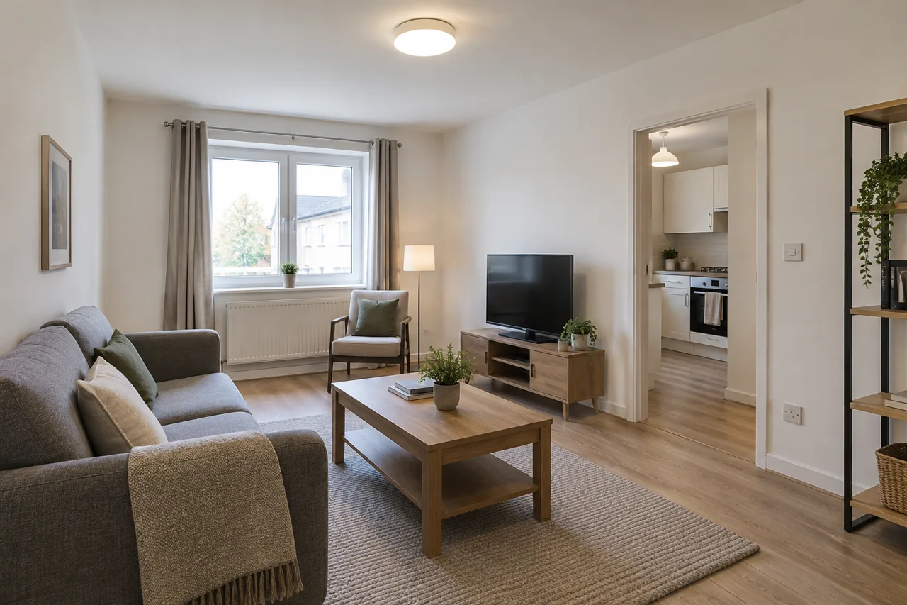 Illustrative rental living room with practical ceiling lighting