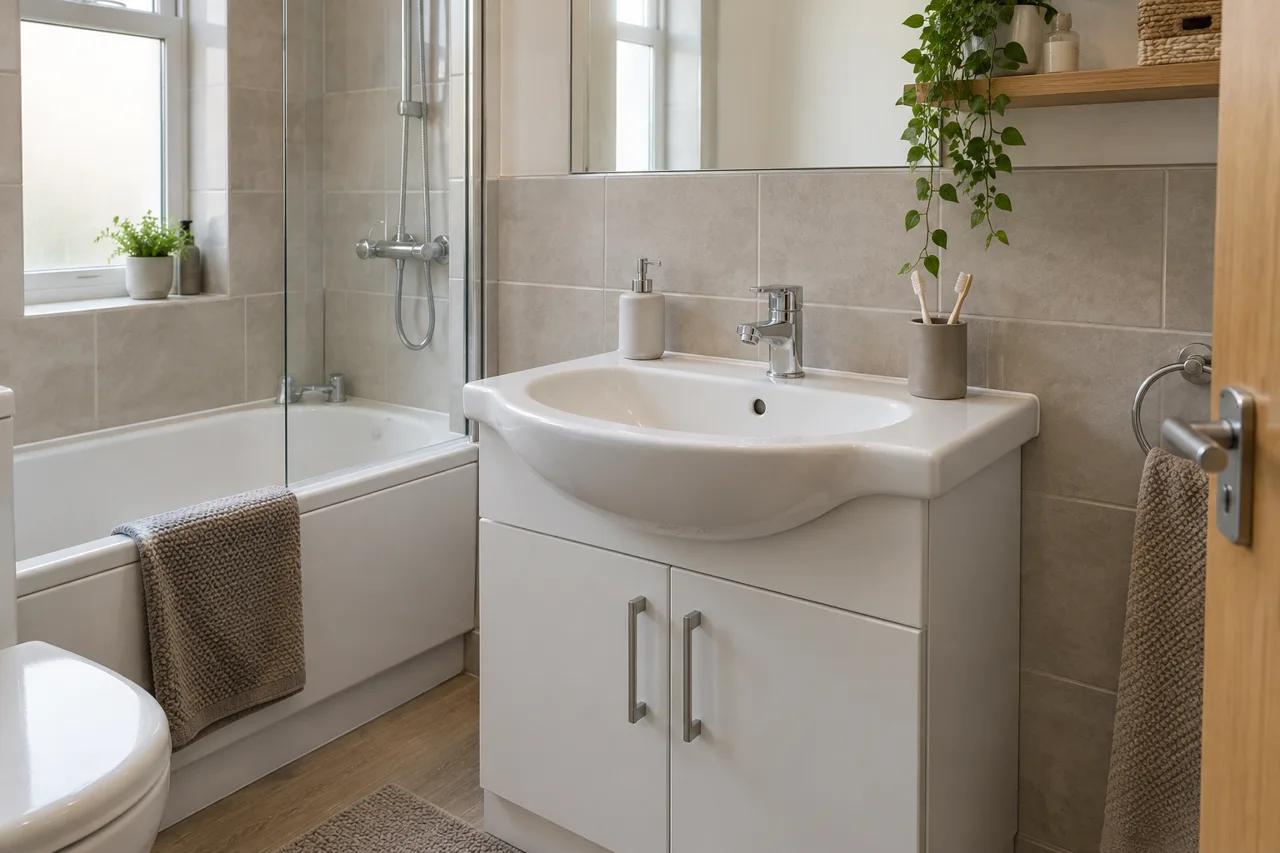 Illustrative rental bathroom with standard chrome fittings